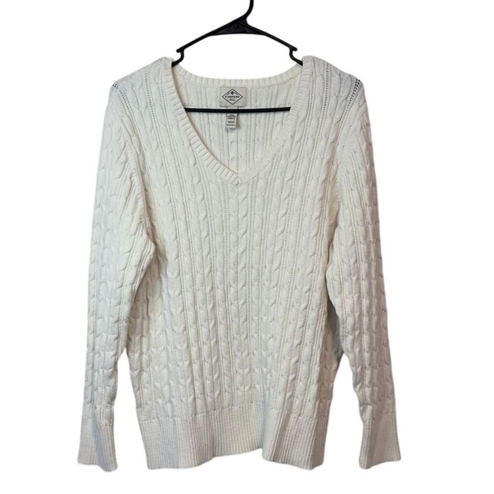 St. John’s Bay Cable Knit V-Neck Sweater Size 2X White Preppy Fisherman Academia